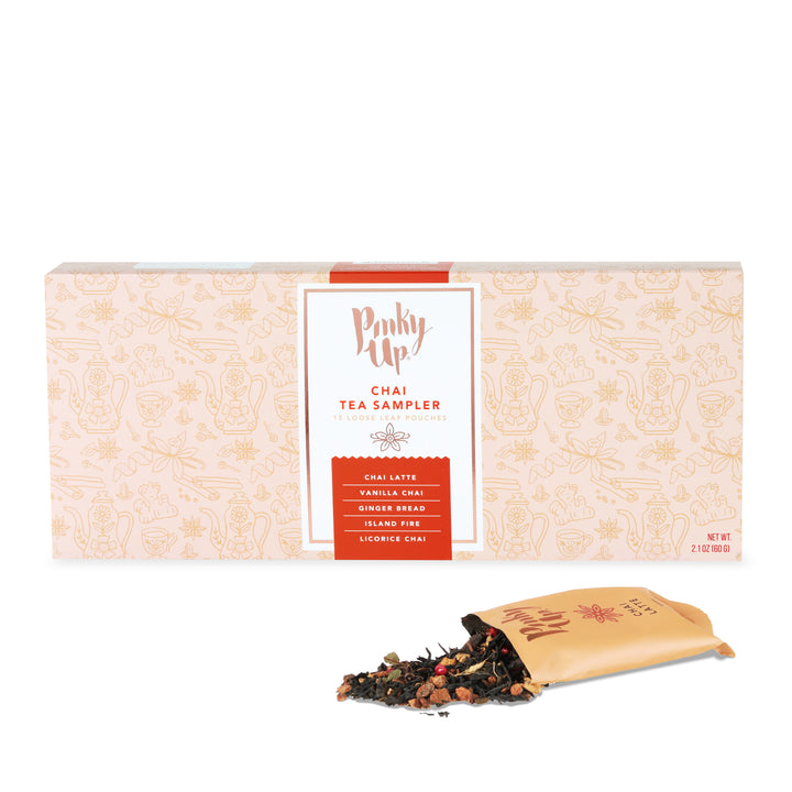 CHAI TEA SAMPLER SET - Featuring five assorted loose leaf tea blends, this variety tea pack includes a range of delicious chai-inspired teas for any mood. Enjoy our Chai Latte, Vanilla Chai, Ginger Bread, Island Fire, and Licorice Chai teas.