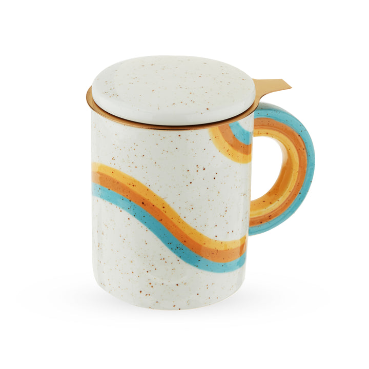 CUTE RAINBOW TEA INFUSER MUG - Upgrade your morning routine with this cute loose leaf tea cup infuser. This stylish white speckled tea steeper mug has colorful rainbow details and is perfect for your morning chai latte or evening cup of tea.