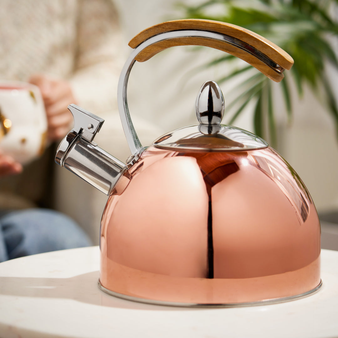 BOLD & CLASSY - The Presley Tea Kettle features a rose gold stainless-steel body and a sophisticated bamboo handle. Why use a boring kettle when you can have this shiny induction kettle grace your stovetop?