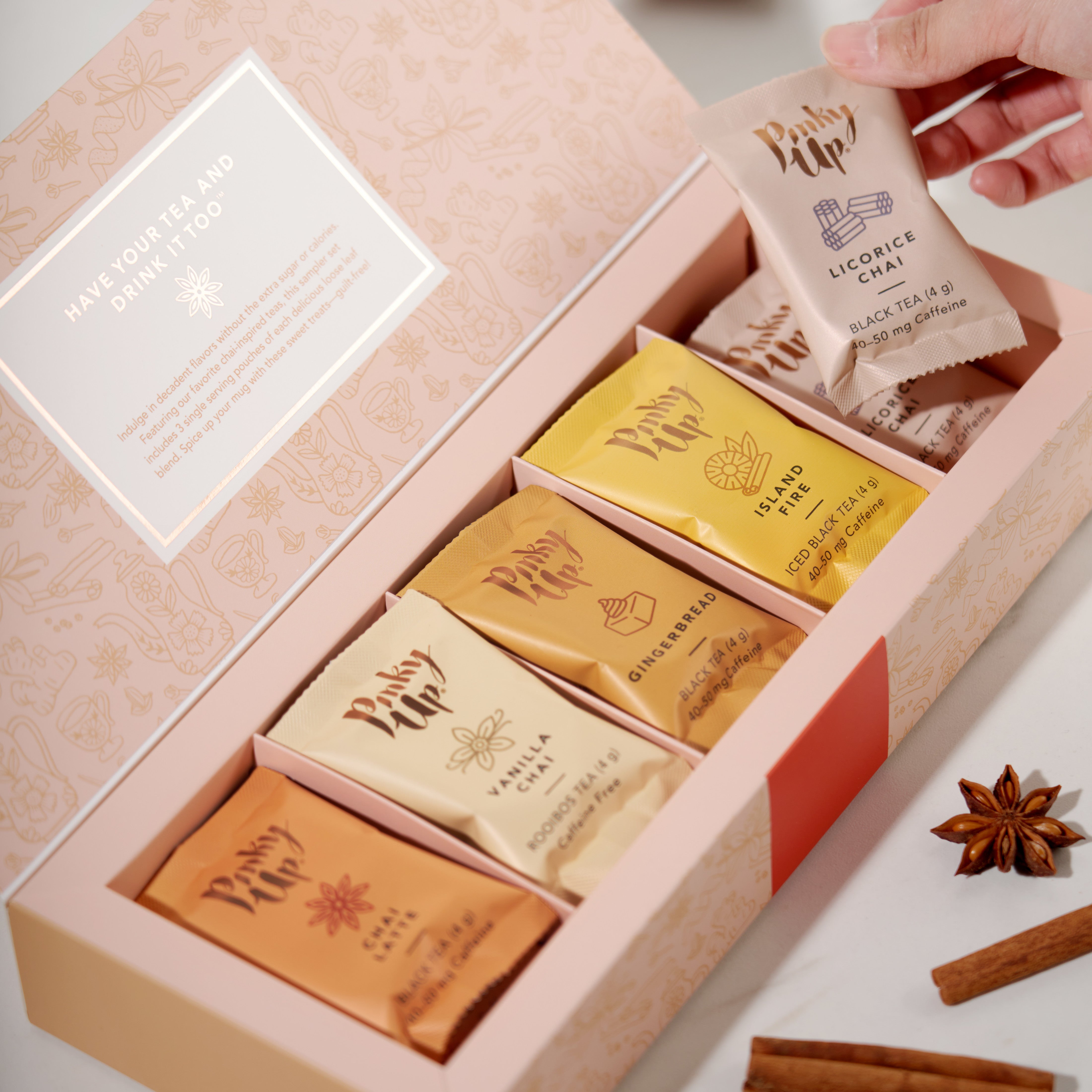 Pinky Up Chai Tea Gift Sampler, Variety Tea Packets of Flavored