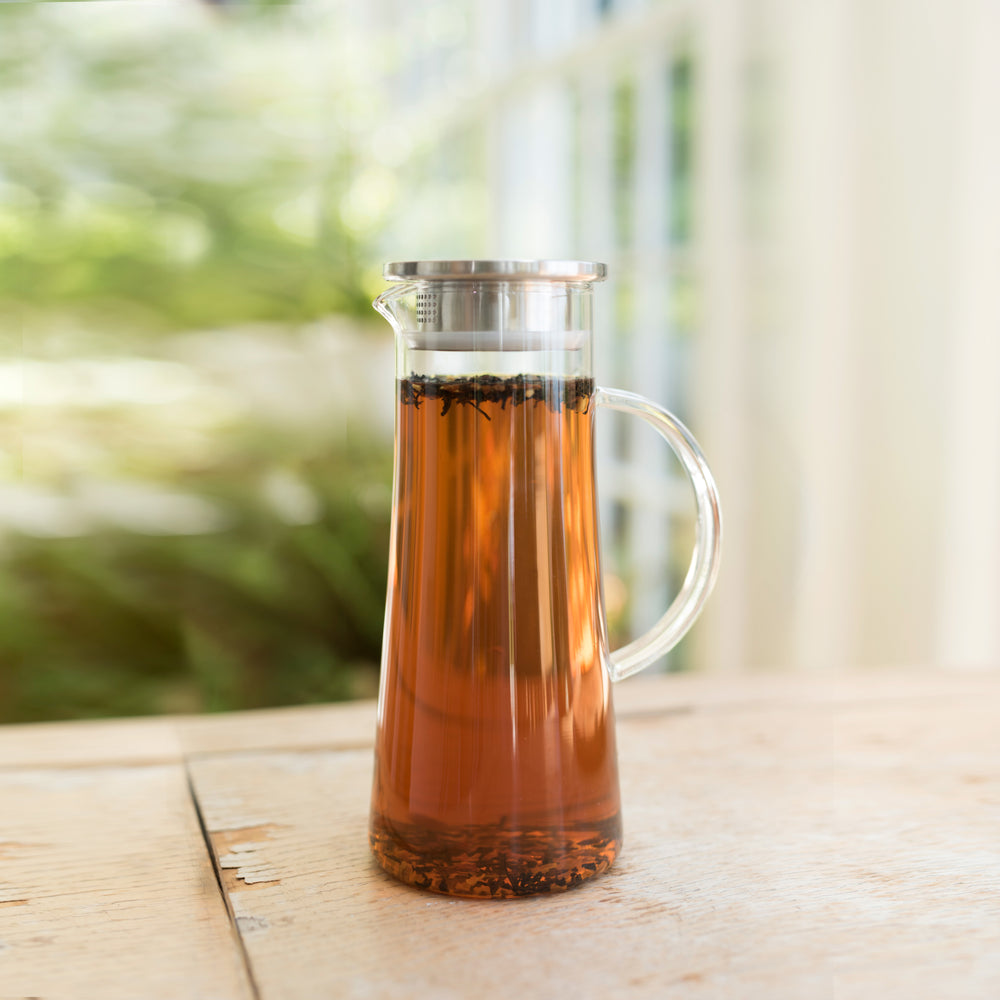 STYLISH CARAFE FITS IN FRIDGE - Function meets style in this iced tea carafe. Perfect for cold brew tea or sun tea, the lid includes a filter so you can strain out loose leaf matter as you pour and a rubber seal to keep your beverages fresh.