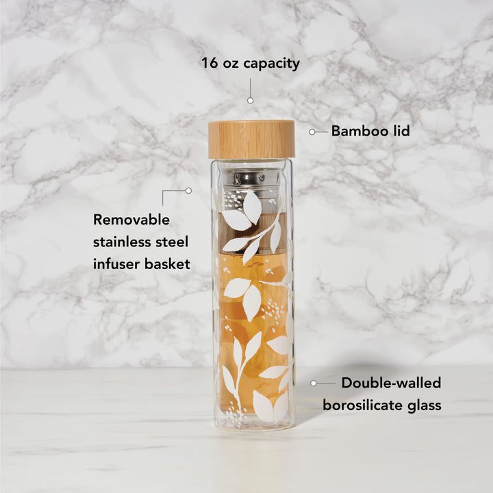 Blair: White Leaf Pattern Glass Travel Infuser Mug