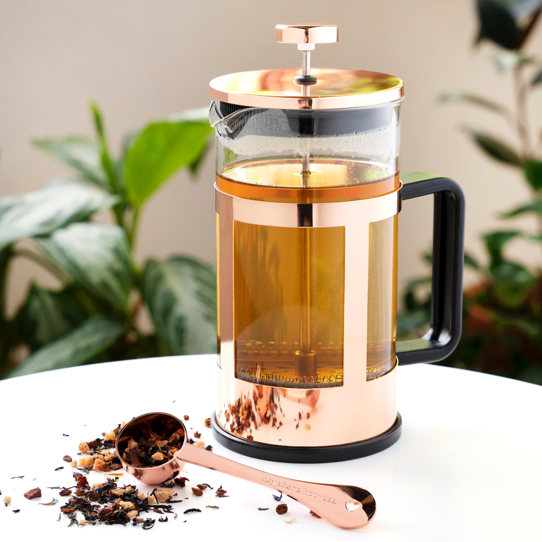 Pinky Up Piper Tea Press Pot Coffee Maker French Press for Loose Leaf Tea and Coffee Hot or Iced Beverage Brewer 34 oz Rose Gold Pinky Up Tea