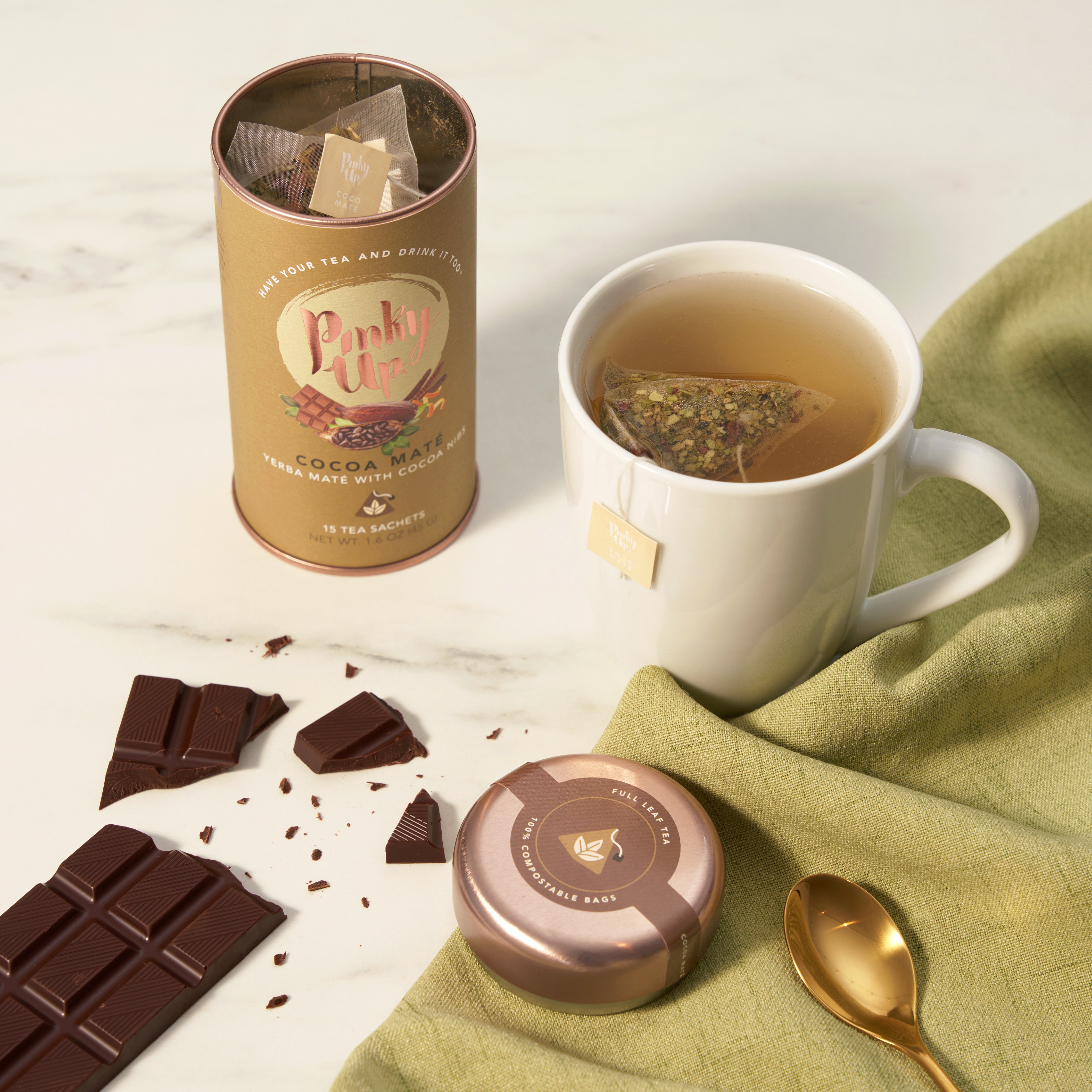 Pinky Up Cocoa Maté Tea Bags in Tin, Yerba Maté Blend Infused with