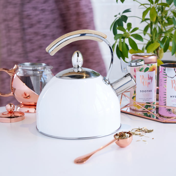 BOLD & CLASSY - The Presley Tea Kettle features a white stainless-steel body and a sophisticated bamboo handle. Why use a boring kettle when you can have this shiny induction kettle grace your stovetop?