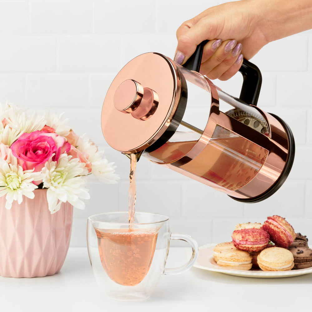 STUNNING ROSE GOLD TEA PRESS - Sturdy construction meets style in this tea and coffee press. Borosilicate glass keeps your beverage hot and protects from thermal shock, while rose gold-plated stainless steel adds some sparkle to your morning routine.