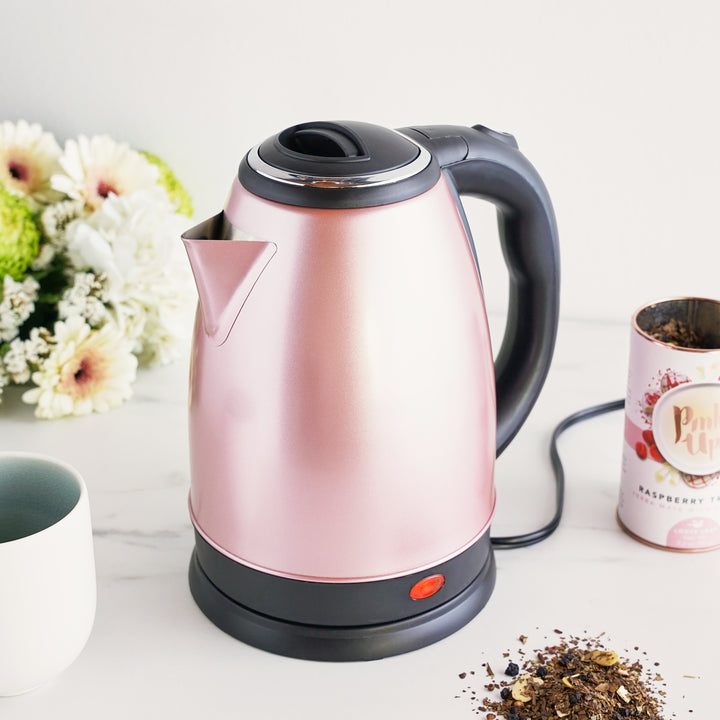 STYLISH STAINLESS STEEL ELECTRIC WATER HEATER KETTLE - The Parker Stainless Steel Electric Tea Kettle features a trendy rose gold metallic finish. The kettle is fully stainless steel, with a plastic base heating pad for cordless serving.