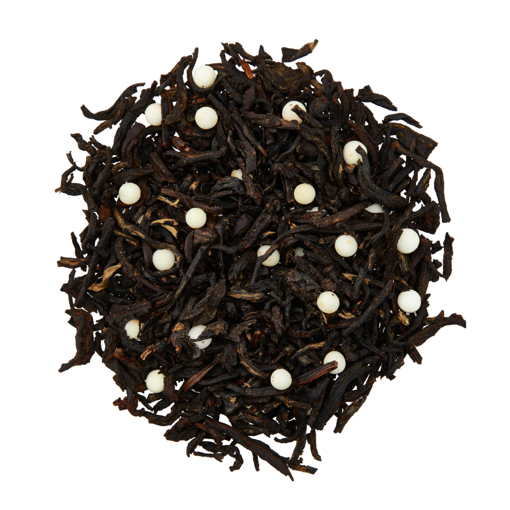 MAKE BUBBLE TEA AT HOME - Our unique whole leaf blend combines black tea, white tapioca pearls, coconut, cocoa, monk fruit powder, and natural flavors. Chill and pour over ice, add milk, and enjoy boba tea at home. 