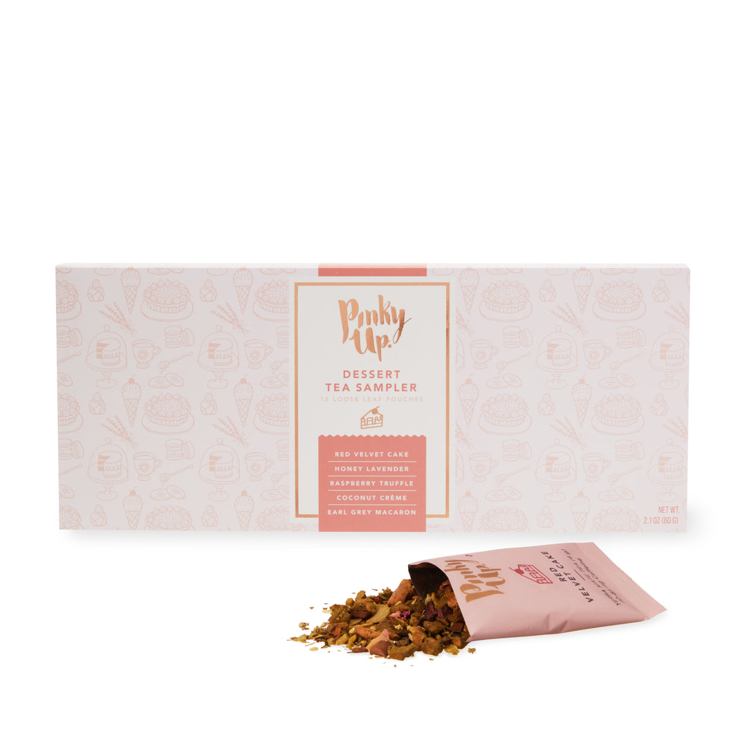 TEA VARIETY PACK - Featuring five loose leaf tea blends, this tea sampler includes a range of delicious teas for any mood, season, or occasion. Enjoy our Red Velvet, Coconut Creme, Raspberry Truffle, Earl Grey Macaron, and Honey Lavender teas.
