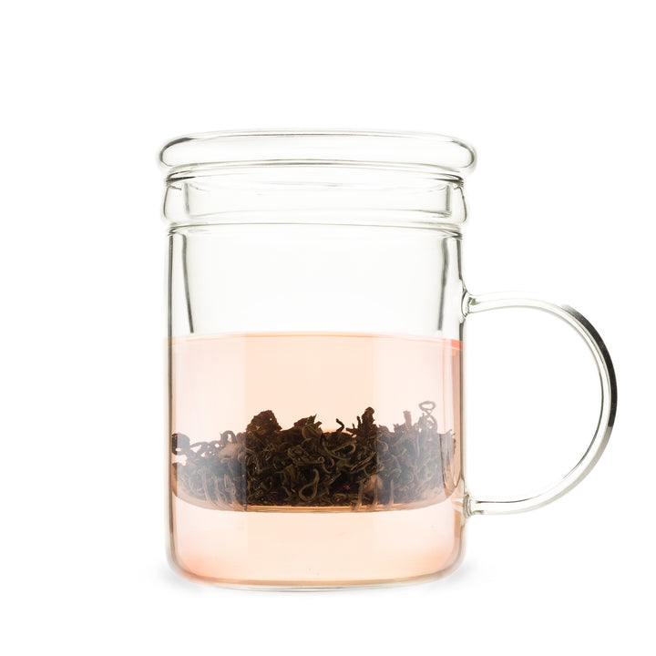 12 OZ GLASS TEA CUP WITH INFUSER AND LID - Watch your tea brew! This gorgeous glass clear tea cup is made from borosilicate glass and includes a clear strainer and lid so you can enjoy the beauty of your flowering tea or loose leaf tea.