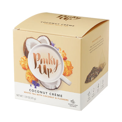ENJOY THE DELICATE FLAVOR COMBINATION OF WHITE TEA AND COCONUT - Coconut goodness isn't just for a Hawaiian vacation or rich dessert. Pinky Up's Coconut Creme Whole Leaf Tea delivers all the delicious coconut creme flavor, and is guilt-free!
