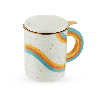 CUTE RAINBOW TEA INFUSER MUG - Upgrade your morning routine with this cute loose leaf tea cup infuser. This stylish white speckled tea steeper mug has colorful rainbow details and is perfect for your morning chai latte or evening cup of tea.